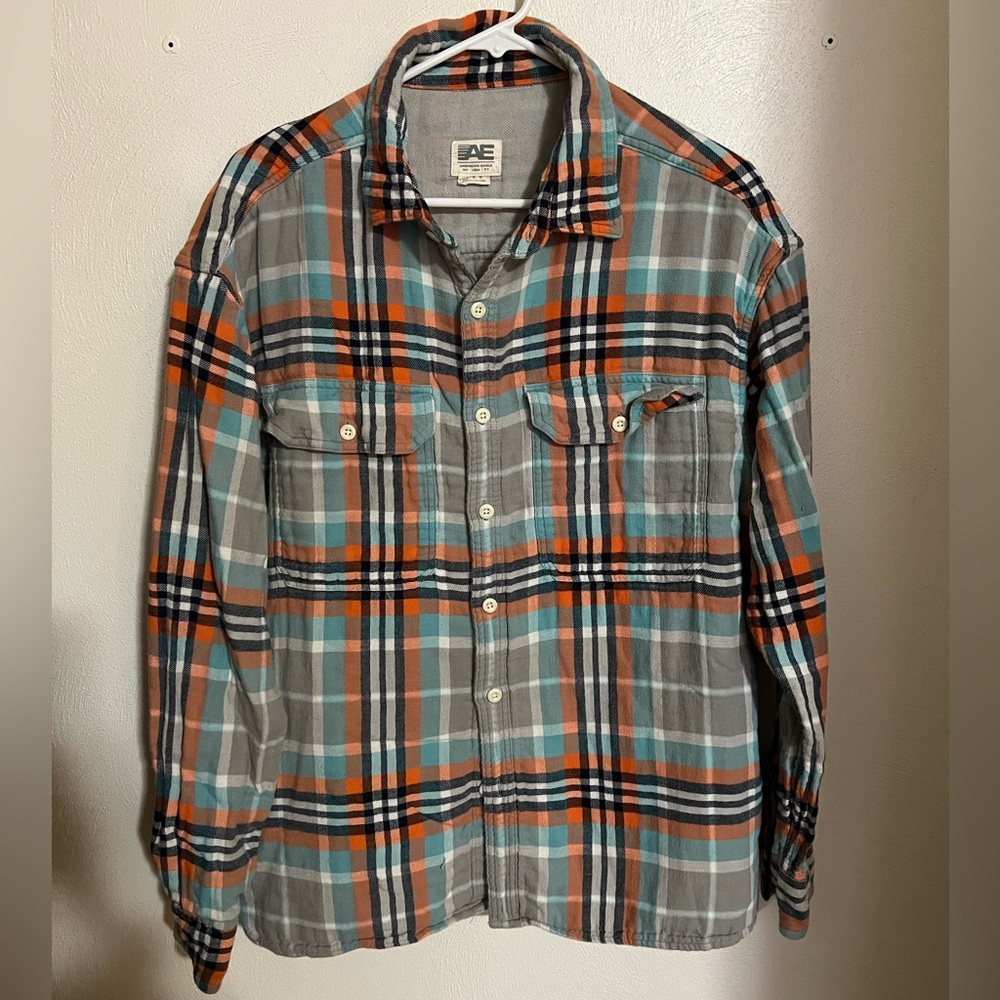 AMERICAN EAGLE Classic Plaid Casual Shacket Grey Orange Teal White Men's Size L